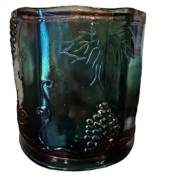 Vintage Blue Iridescent Carnival Glass Fruit Pattern Canister Jar Candle Holder - Picture 3 of 5